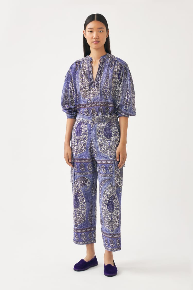 antik batik Pantalon bleu matelassé en jacquard de coton