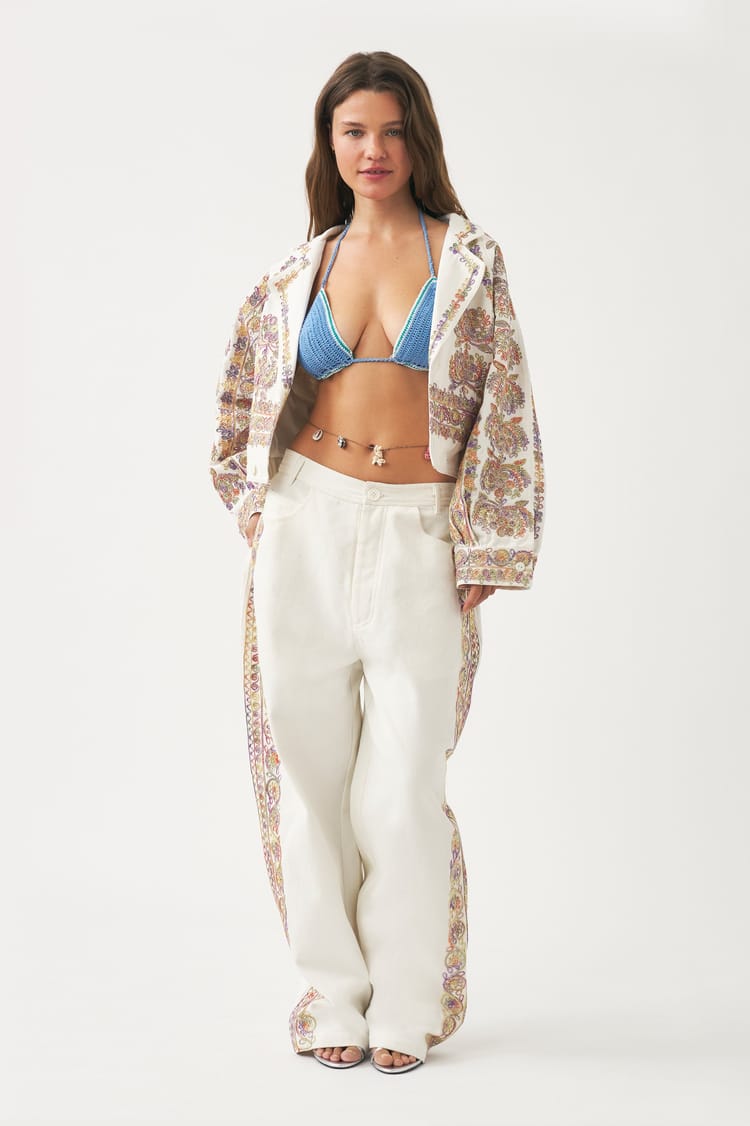 Antik Batik Pantalon Noir En Double Gaze De Coton Brodé De Fils Tie And Dye