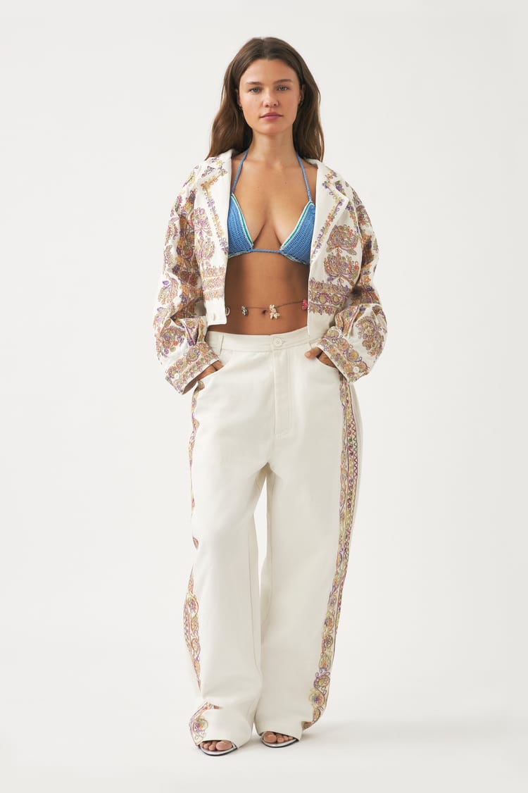 antik batik Pantalon noir en double gaze de coton brodé de fils tie and dye