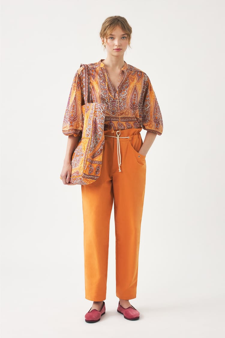 Antik Batik Pantalon Taille Haute En Coton Toile Orange