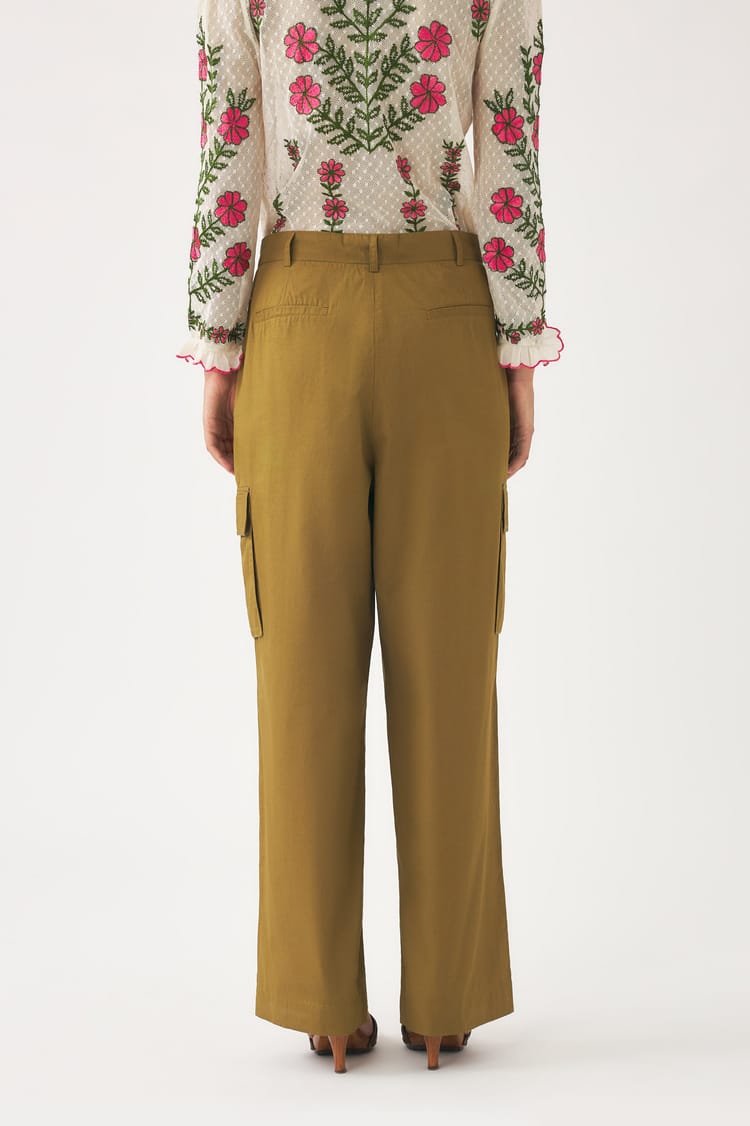 Antik Batik Pantalon Vert Kaki Coupe Cargo Taille Haute