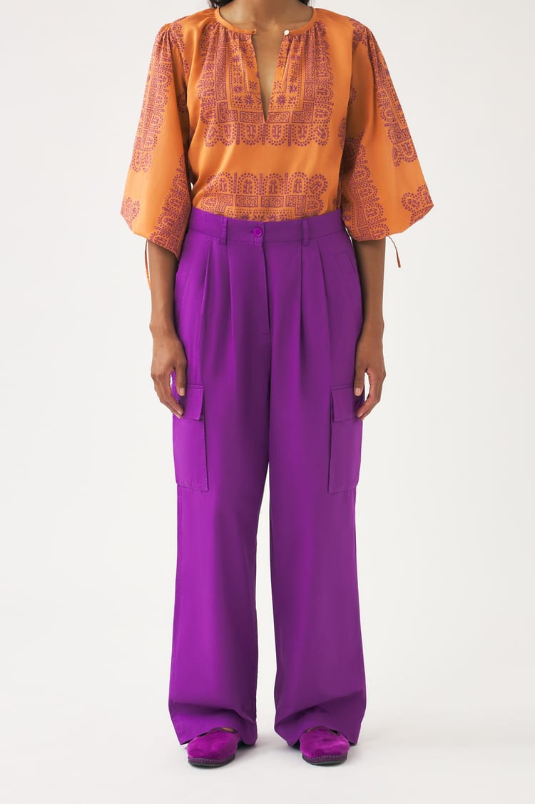 Antik Batik Pantalon Violet Coupe Cargo Taille Haute