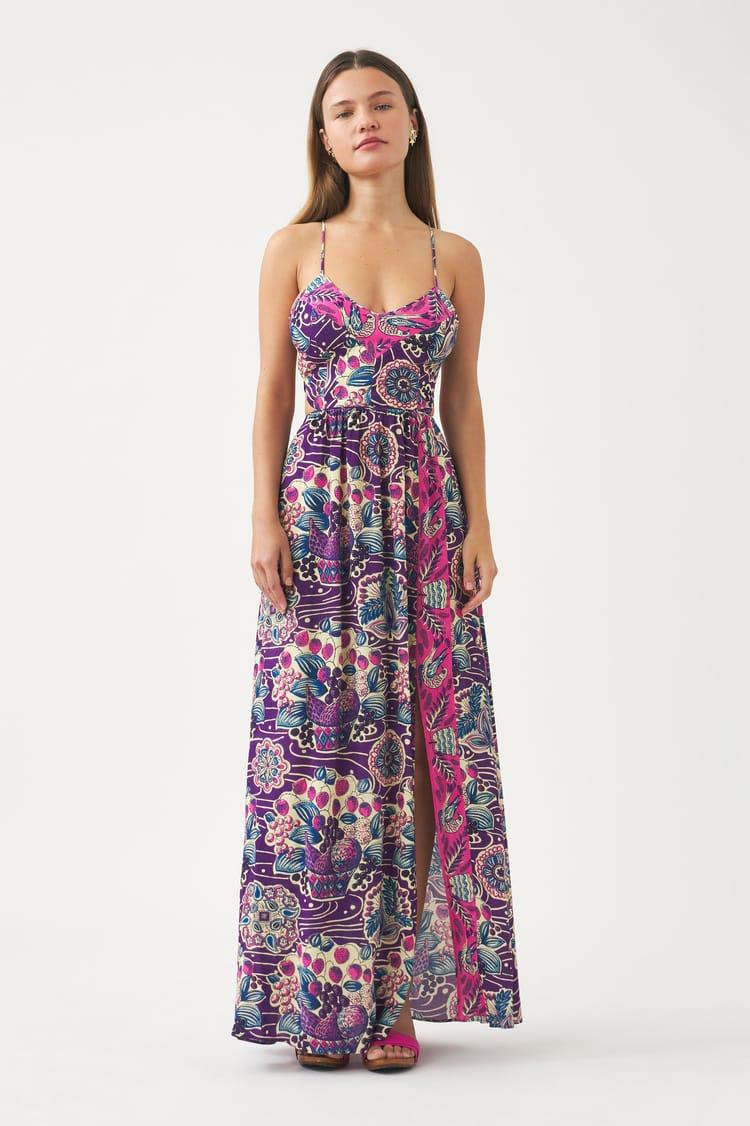 Antik Batik Robe à Bretelles En Crêpe De Viscose Imprimé Violet Et Rose