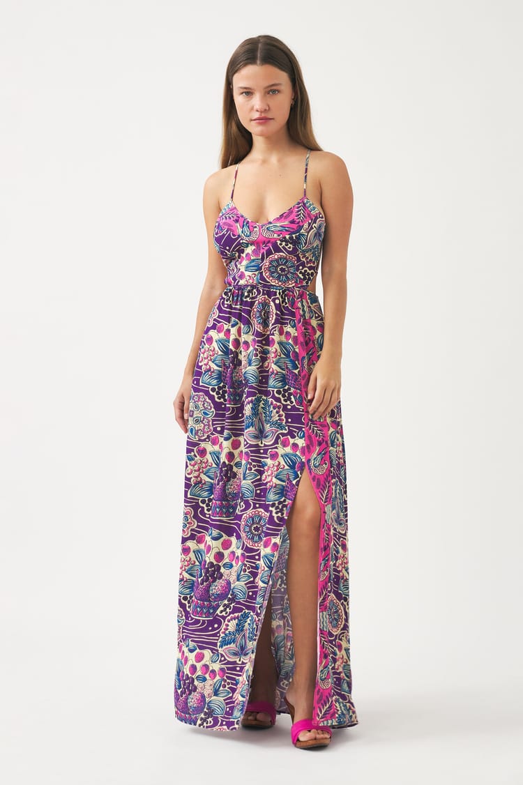 antik batik Robe à bretelles en crêpe de viscose imprimé violet et rose