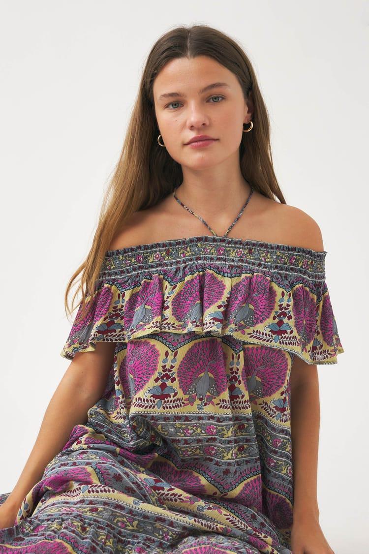 Antik Batik Robe Bain De Soleil En Voile De Coton Avec Imprimé Paon