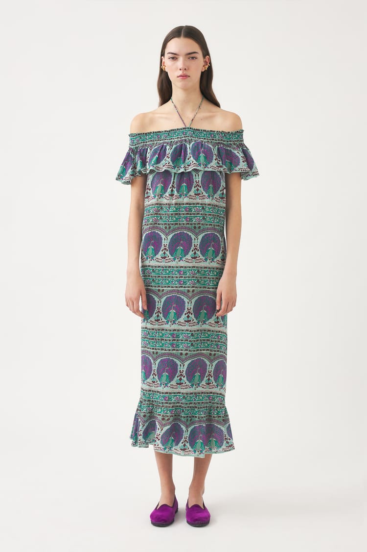 antik batik Robe bain de soleil en voile de coton avec imprimé paon