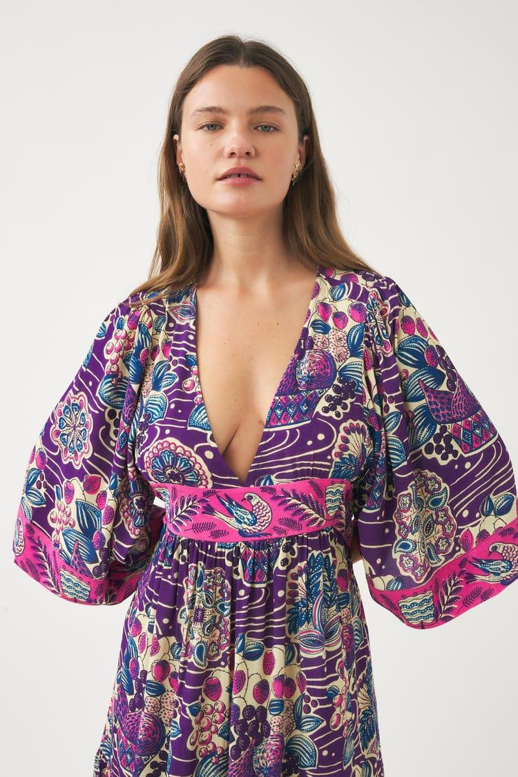 Antik Batik Robe Courte En Crêpe De Viscose Imprimé Violet Et Rose