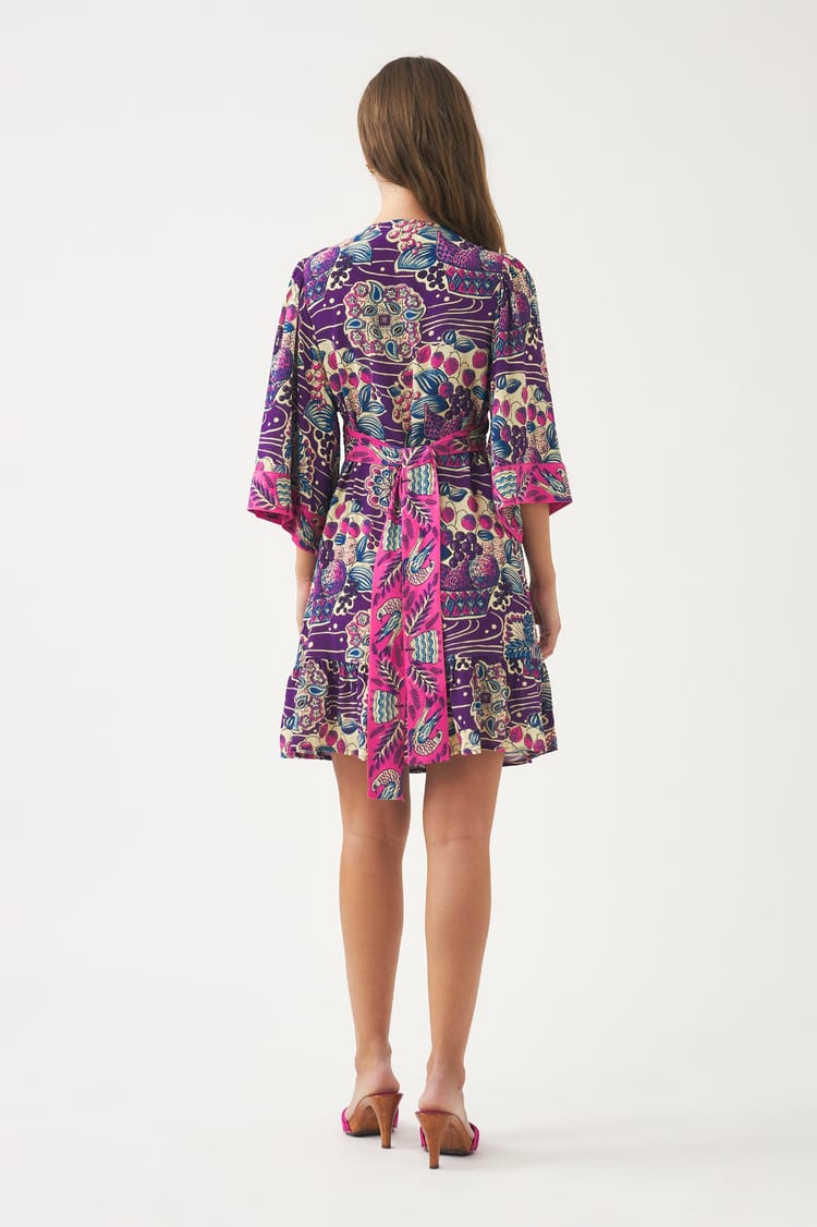Antik Batik Robe Courte En Crêpe De Viscose Imprimé Violet Et Rose