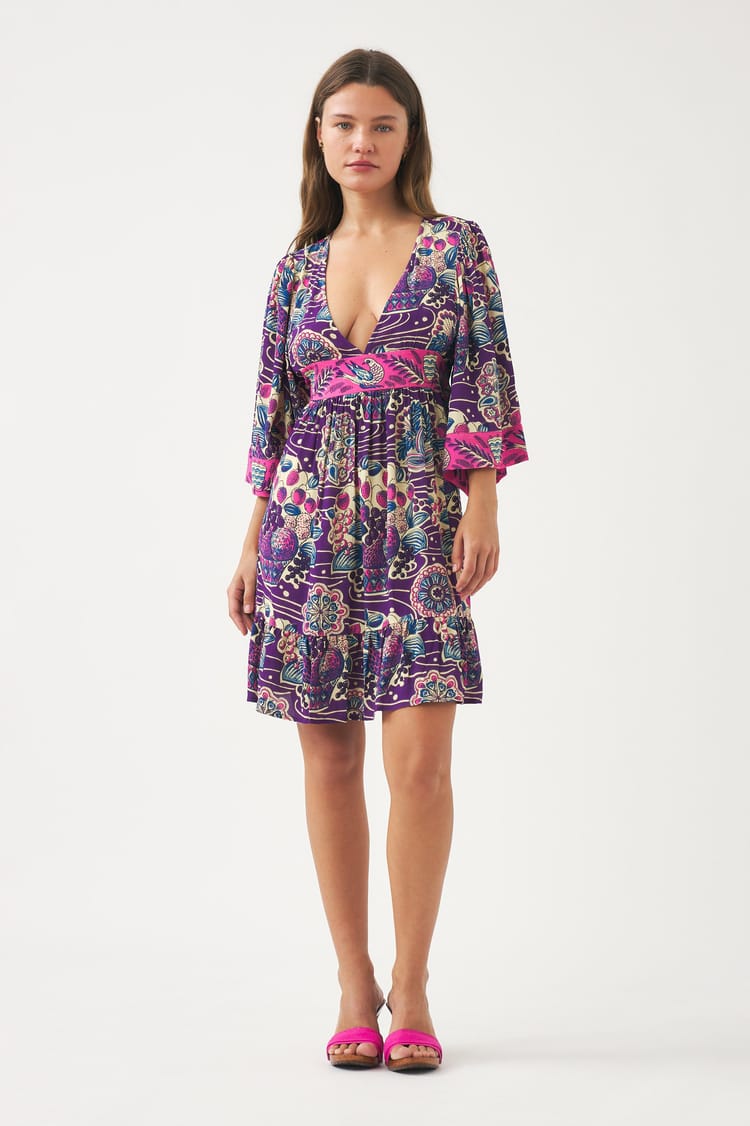 antik batik Robe courte en crêpe de viscose imprimé violet et rose