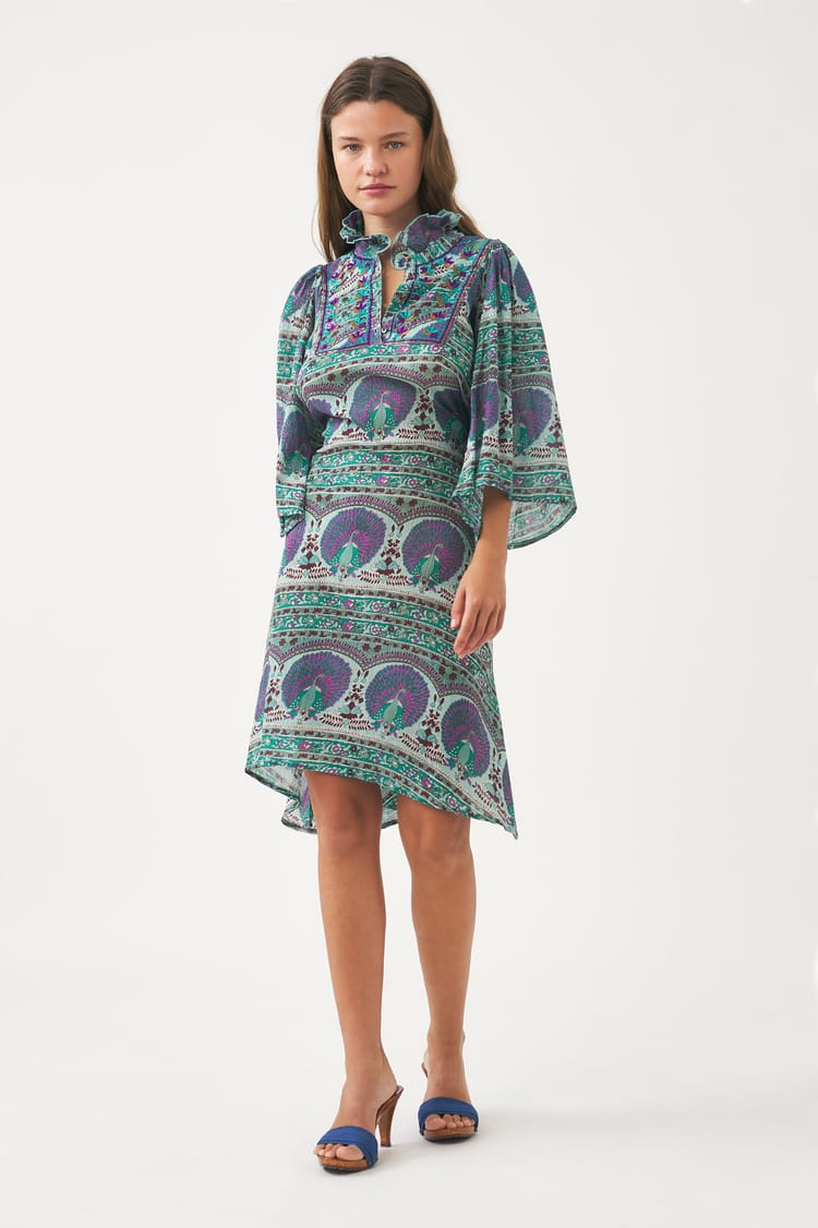 Antik Batik Robe Courte En Voile De Coton Avec Imprimé Paon