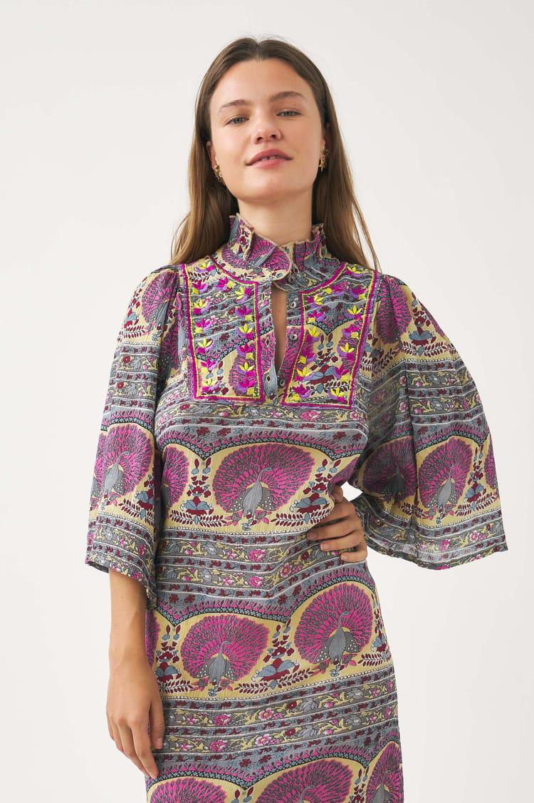Antik Batik Robe Courte En Voile De Coton Avec Imprimé Paon