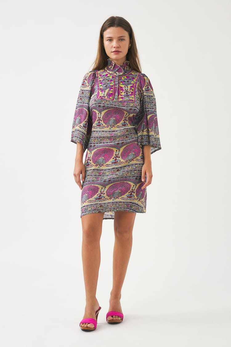 Antik Batik Robe Courte En Voile De Coton Avec Imprimé Paon