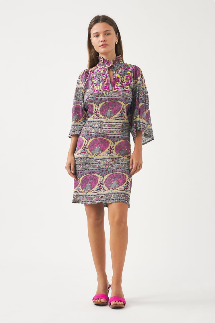 antik batik Robe courte en voile de coton avec imprimé paon