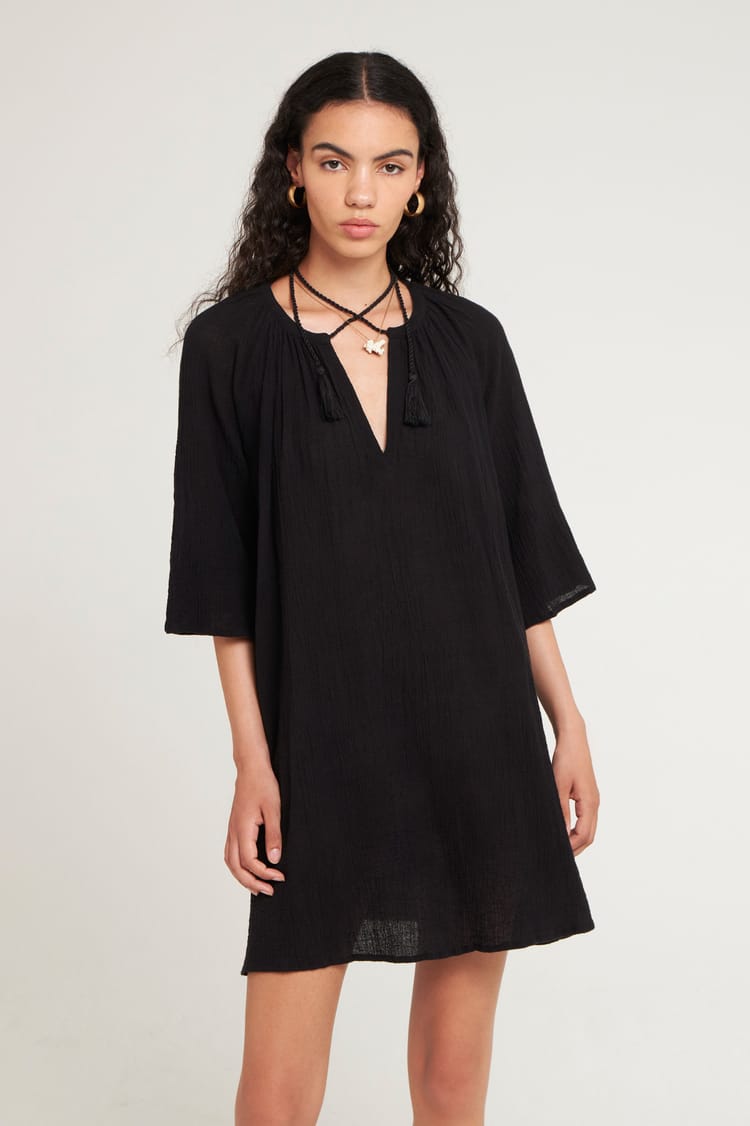 Antik Batik Robe Courte Fluide Noire En Crêpe De Coton