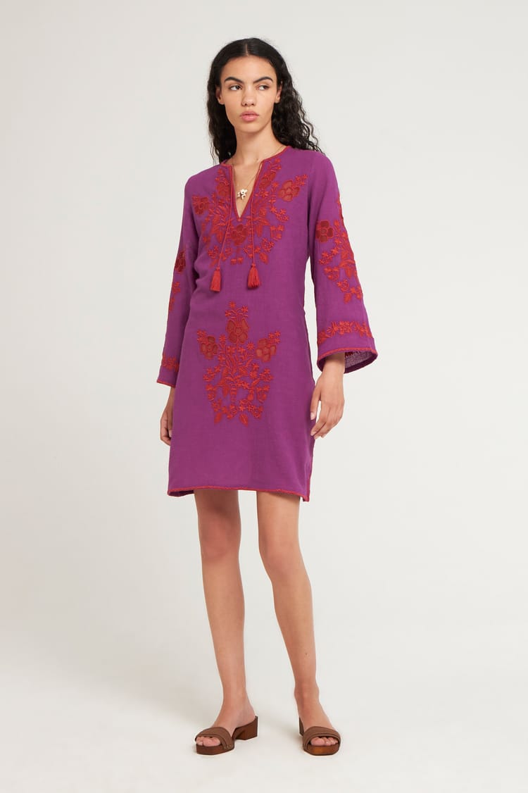 antik batik Robe courte violette avec broderies florales cuivre