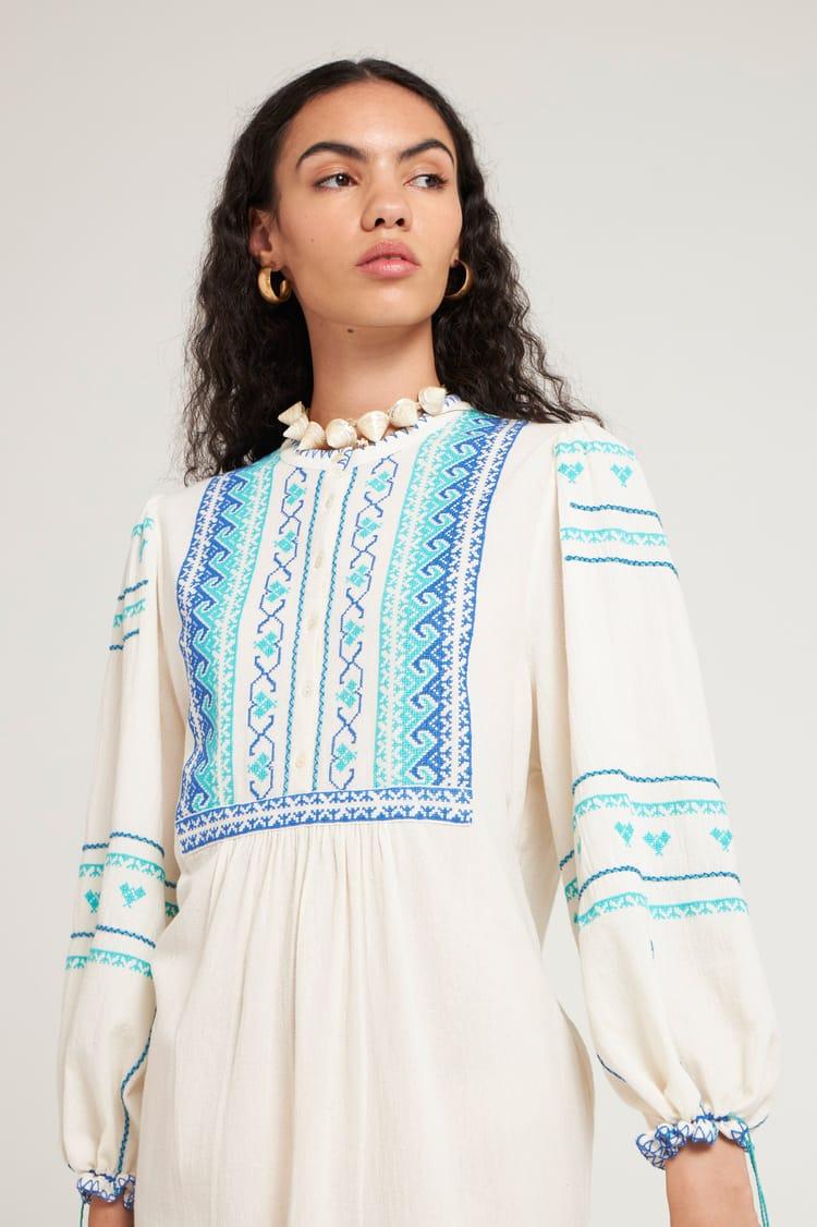 Antik Batik Robe Droite Brodée En Crêpe De Coton Crème