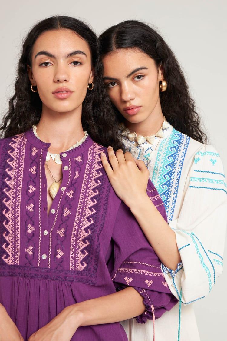 Antik Batik Robe Droite Brodée En Crêpe De Coton Crème