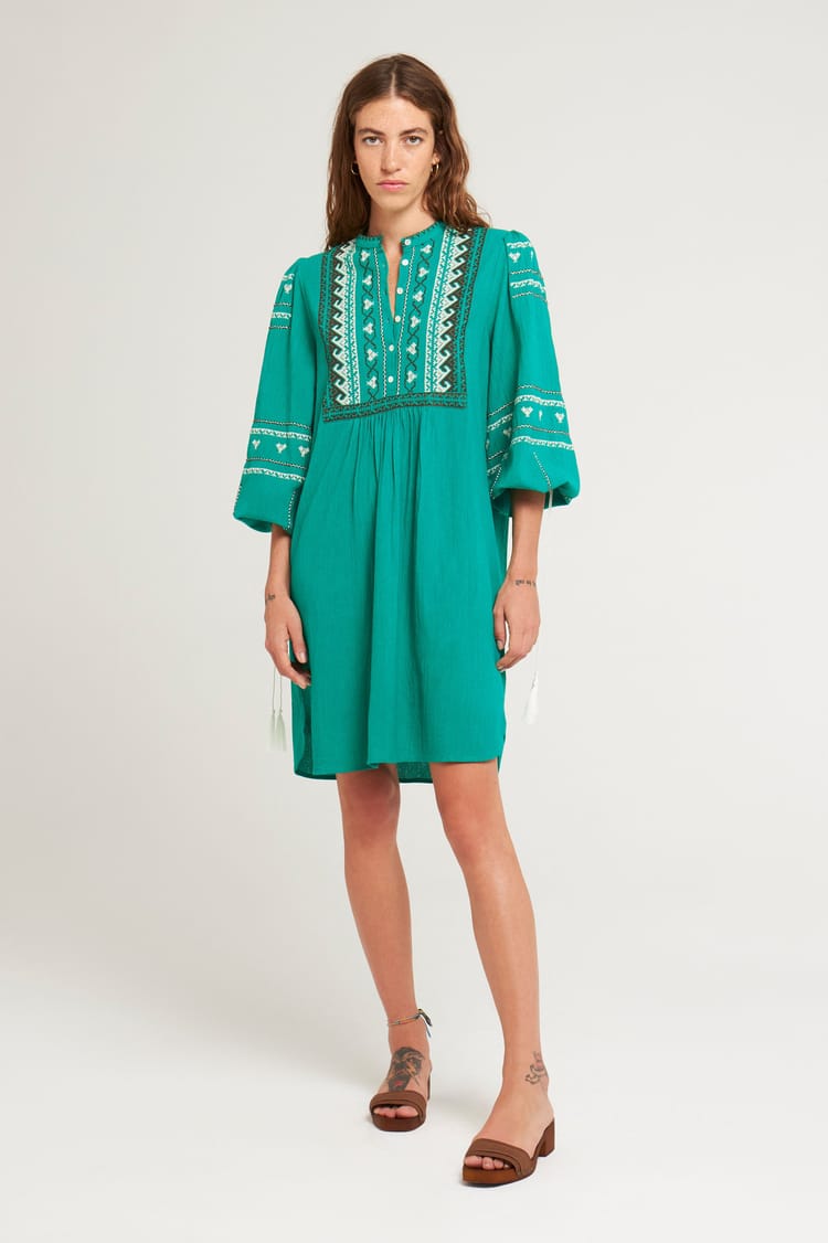 Antik Batik Robe Droite Brodée En Crêpe De Coton Verte