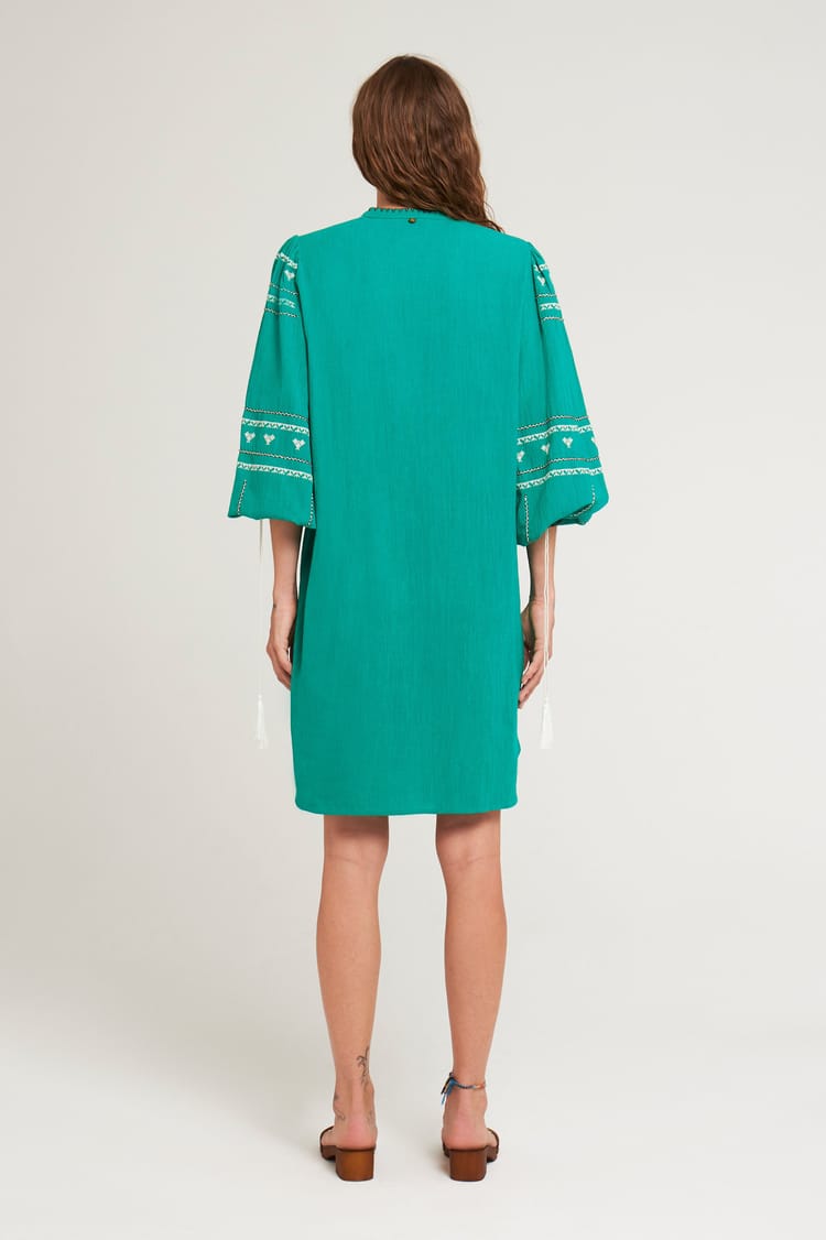 Antik Batik Robe Droite Brodée En Crêpe De Coton Verte