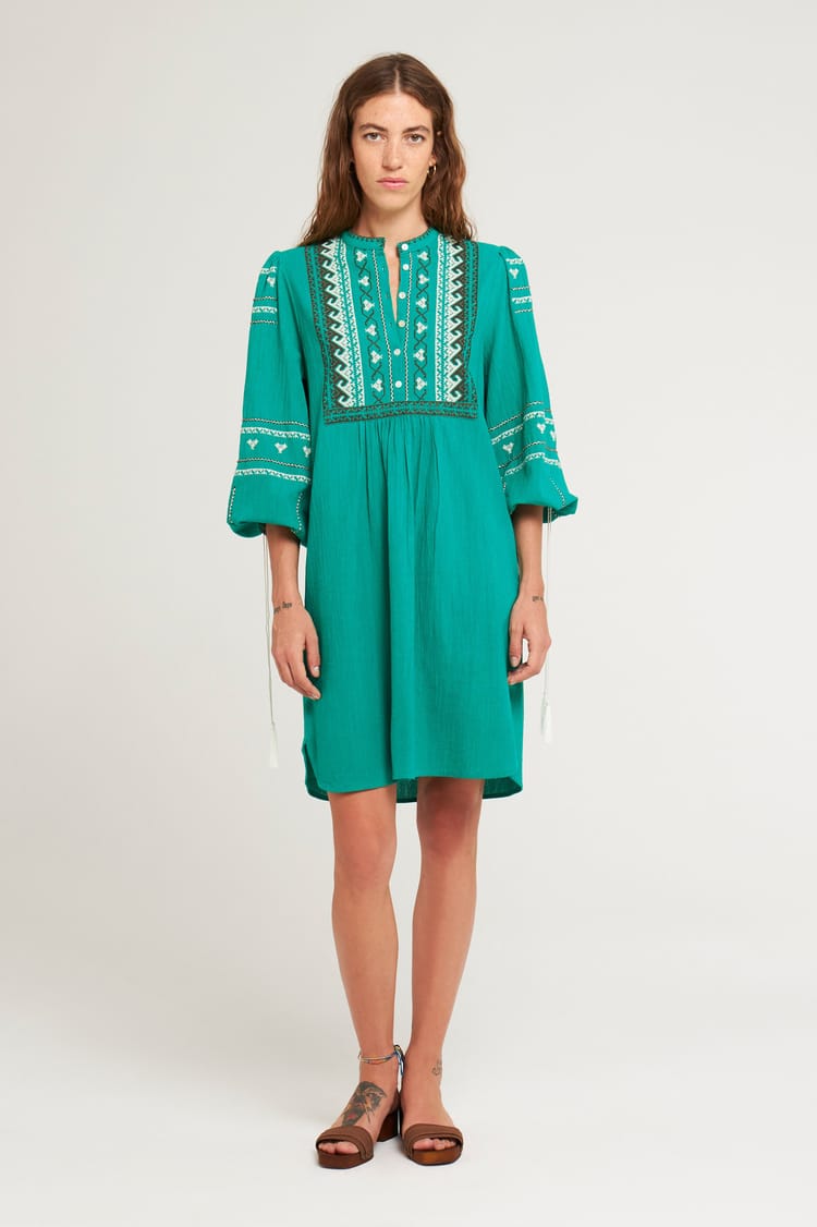 antik batik Robe droite brodée en Crêpe de Coton verte