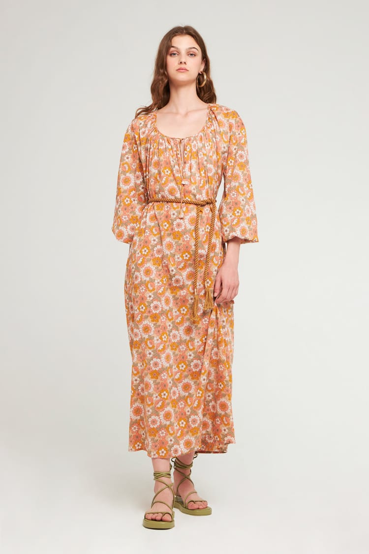 Antik Batik Robe Imprimé Petites Fleurs Jaune En Voile De Coton