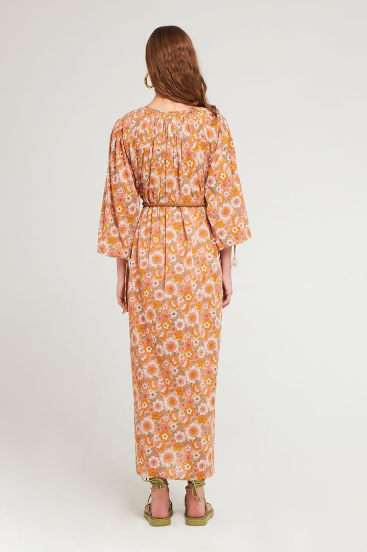 Antik Batik Robe Imprimé Petites Fleurs Jaune En Voile De Coton