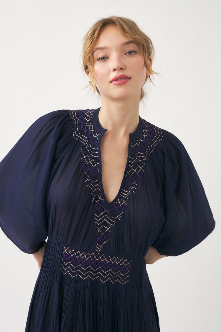 Antik Batik Robe Longue Bleu Nuit En Voile De Coton