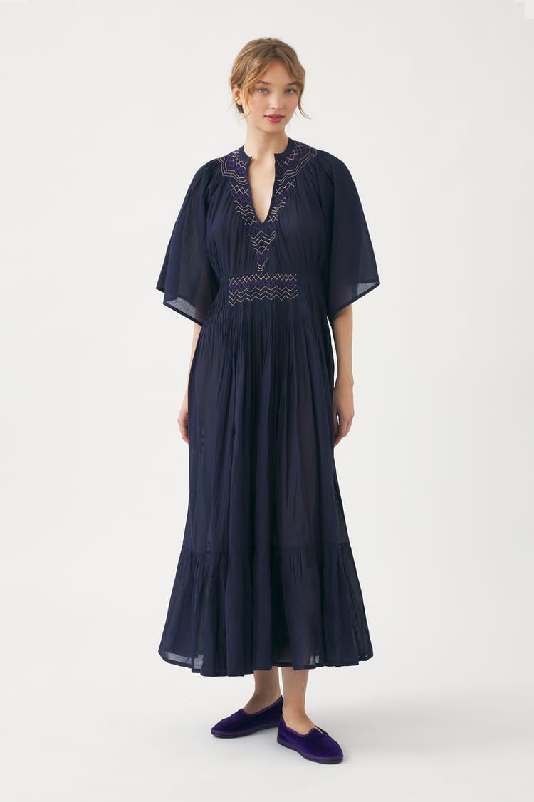 Antik Batik Robe Longue Bleu Nuit En Voile De Coton