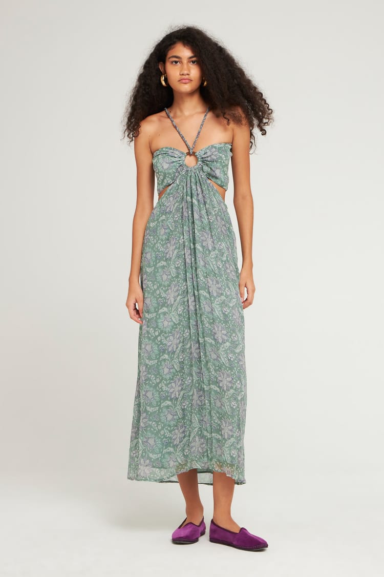 Antik Batik Robe Longue Bleue En Chiffon De Viscose Bohème Chic