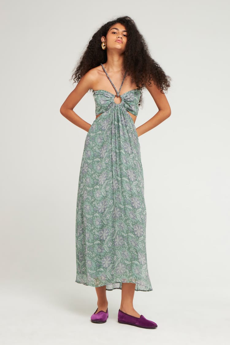 antik batik Robe longue bleue en chiffon de viscose bohème chic