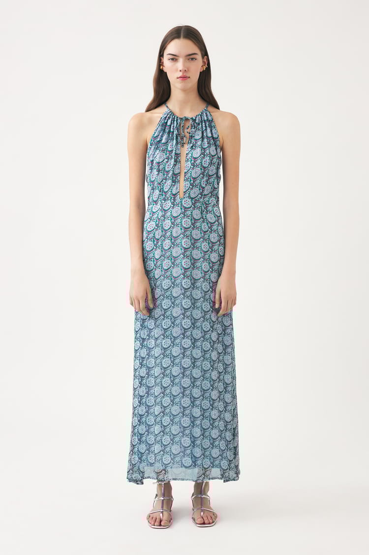 Antik Batik Robe Longue Bleue Fluide Bleue En Mousseline De Viscose Aérienne