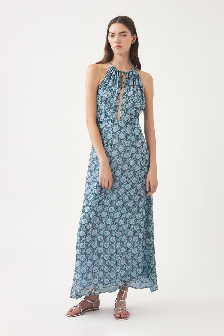 antik batik Robe longue bleue fluide bleue en mousseline de viscose aérienne