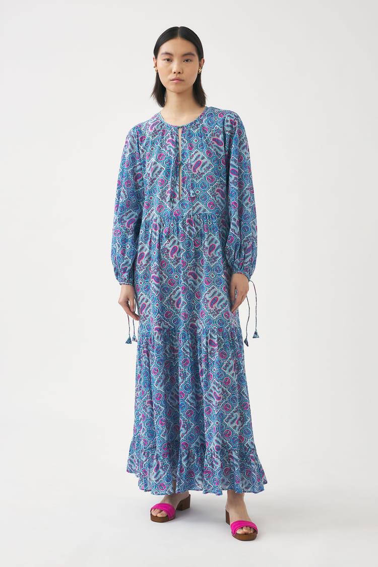Antik Batik Robe Longue Bleue Voile De Coton Imprimé Au Block Print