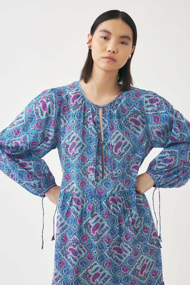 Antik Batik Robe Longue Bleue Voile De Coton Imprimé Au Block Print