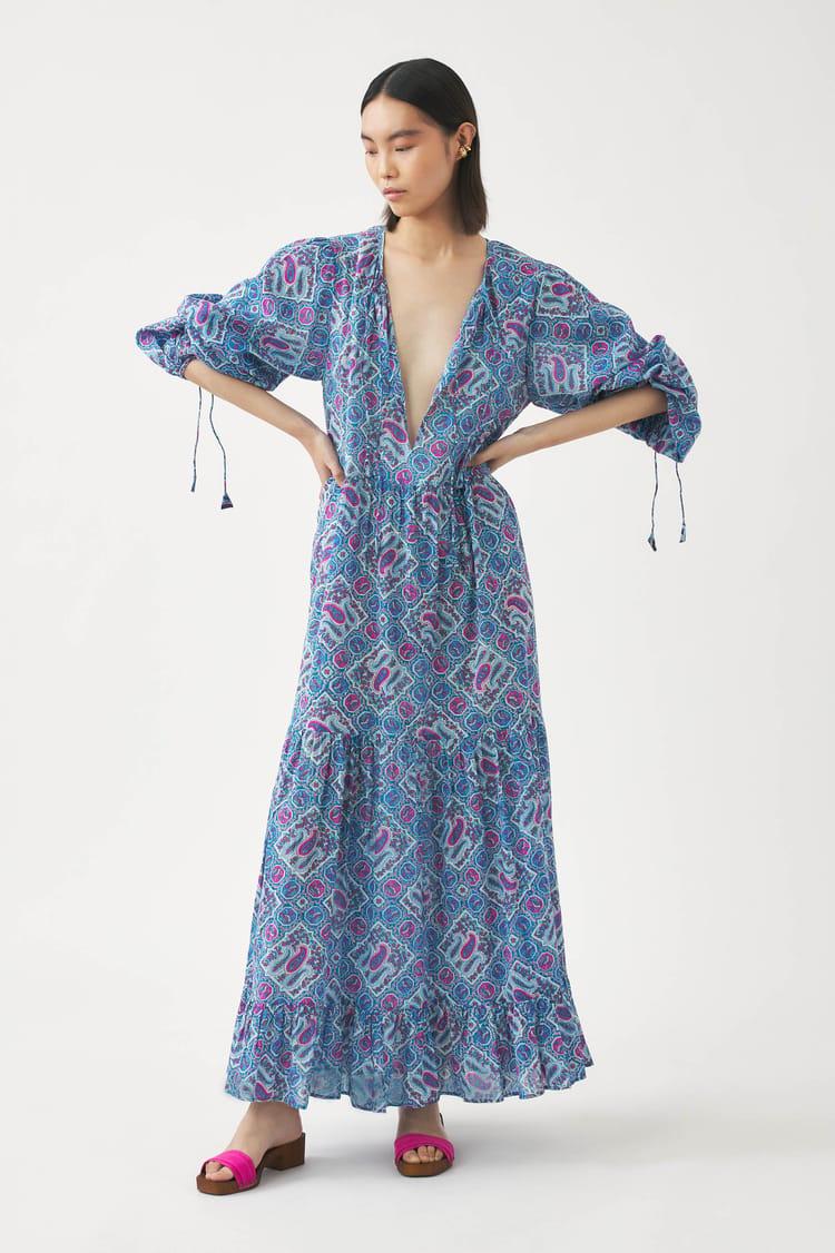 antik batik Robe longue bleue voile de coton imprimé au block print