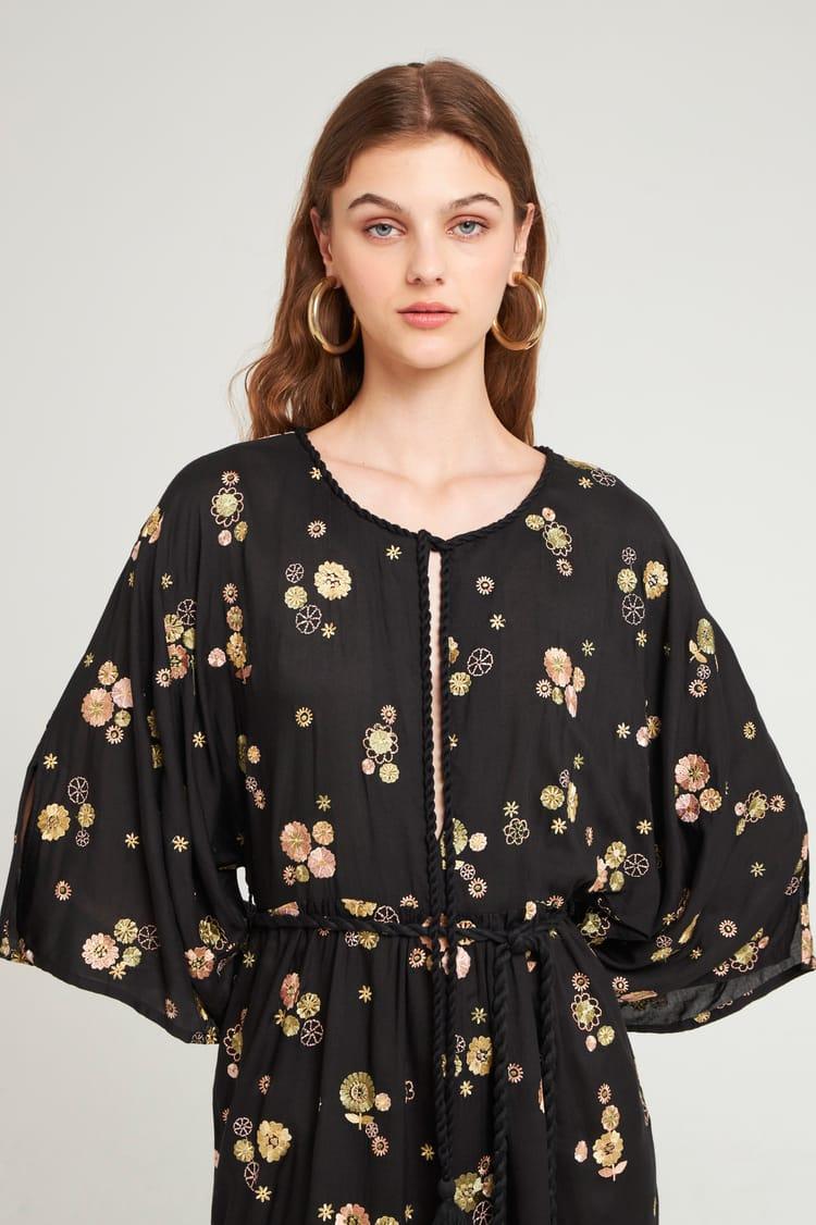 Antik Batik Robe Longue Brodée En Voile De Viscose Et Coton Petite Fleurs