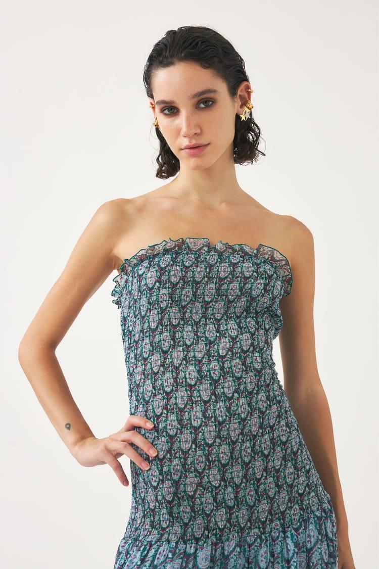 Antik Batik Robe Longue Bustier Bleue Fluide Bleue En Mousseline De Viscose Aérienne