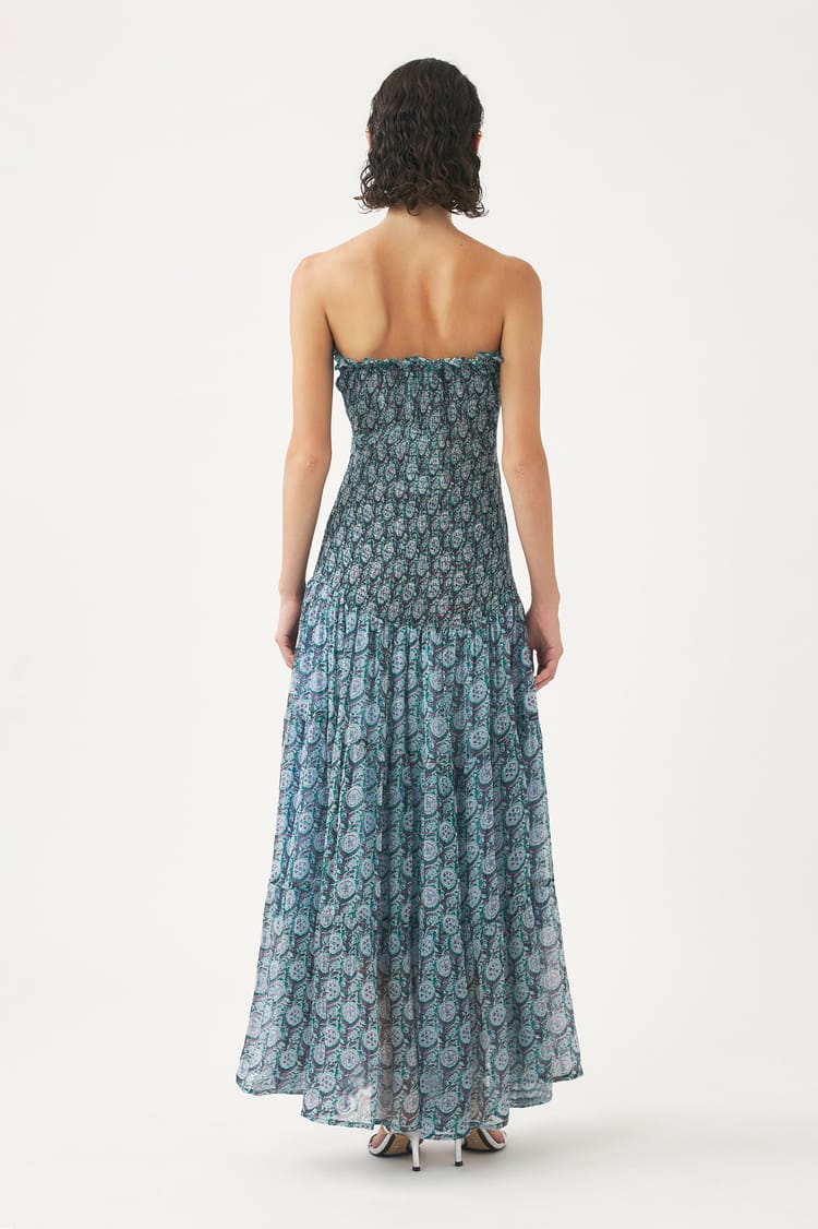 Antik Batik Robe Longue Bustier Bleue Fluide Bleue En Mousseline De Viscose Aérienne