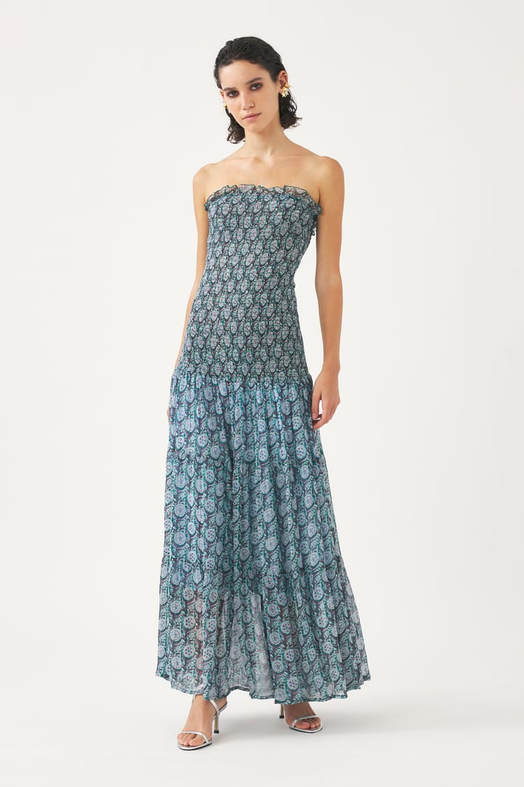 antik batik Robe longue bustier bleue fluide bleue en mousseline de viscose aérienne