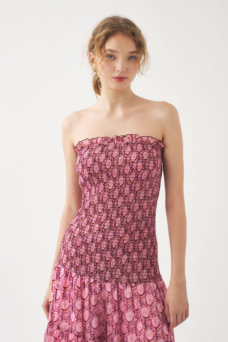 Antik Batik Robe Longue Bustier Rose Fluide Bleue En Mousseline De Viscose Aérienne