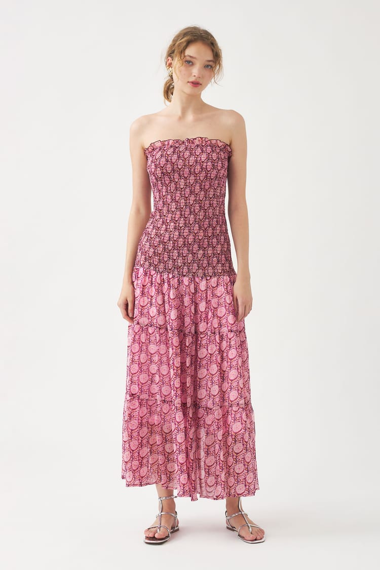 antik batik Robe longue bustier rose fluide bleue en mousseline de viscose aérienne