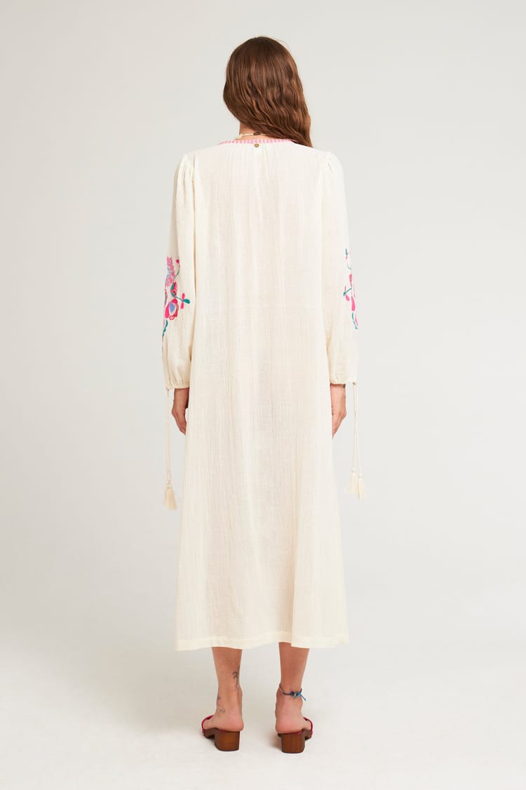Antik Batik Robe Longue Crème Brodée Bohème Chic Casual En Crêpe De Coton