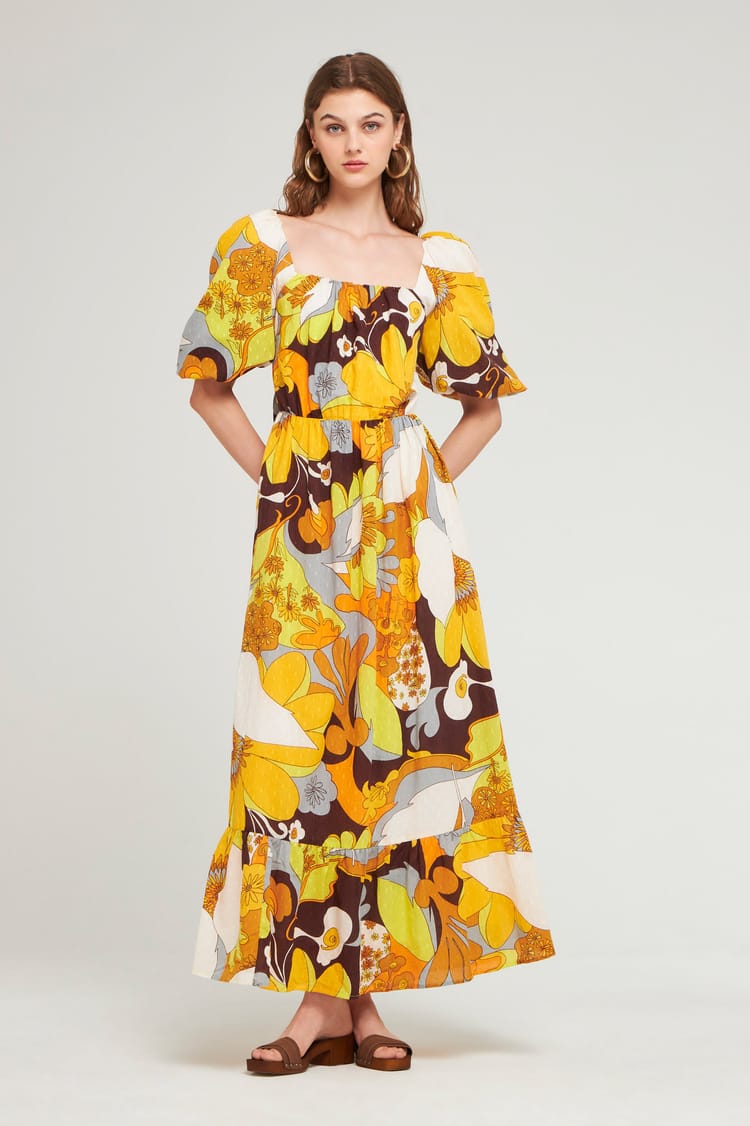 antik batik Robe longue dos nu plumetis à maxi imprimé vintage