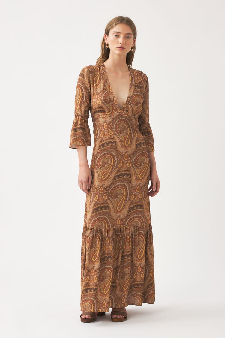 antik batik Robe longue en crêpe de viscose fluide et imprimé cachemire