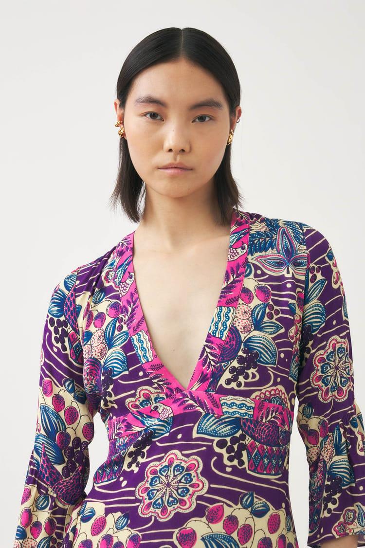 Antik Batik Robe Longue En Crêpe De Viscose Imprimé Violet Et Rose