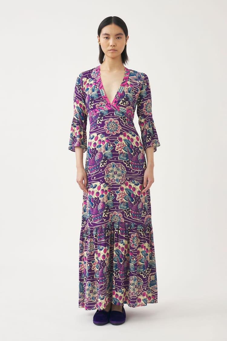 antik batik Robe longue en crêpe de viscose imprimé violet et rose