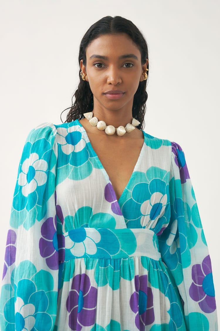 Antik Batik Robe Longue Fluide Bleue En Gaze De Coton