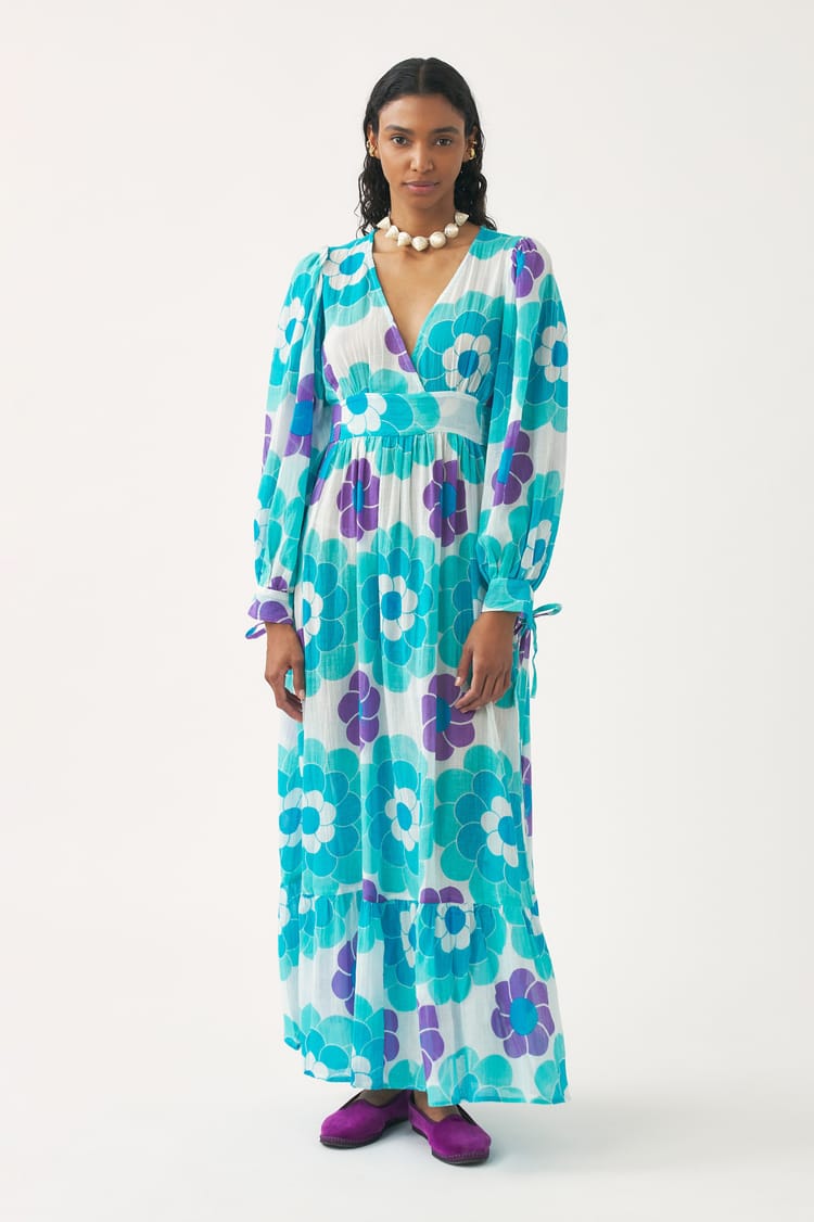 Antik Batik Robe Longue Fluide Bleue En Gaze De Coton