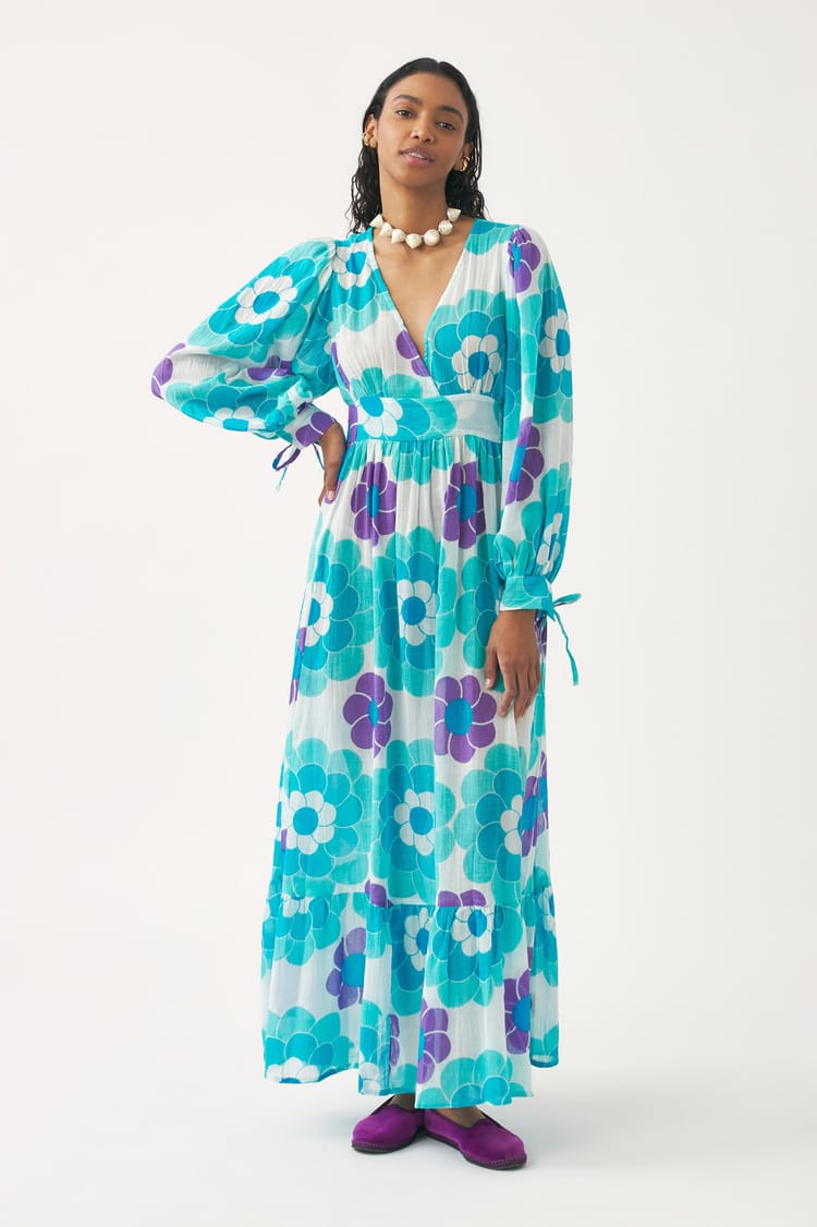 antik batik Robe longue fluide bleue en gaze de coton