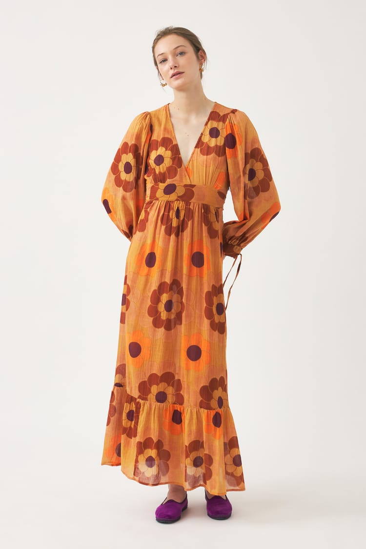 Antik Batik Robe Longue Fluide Orange En Gaze De Coton